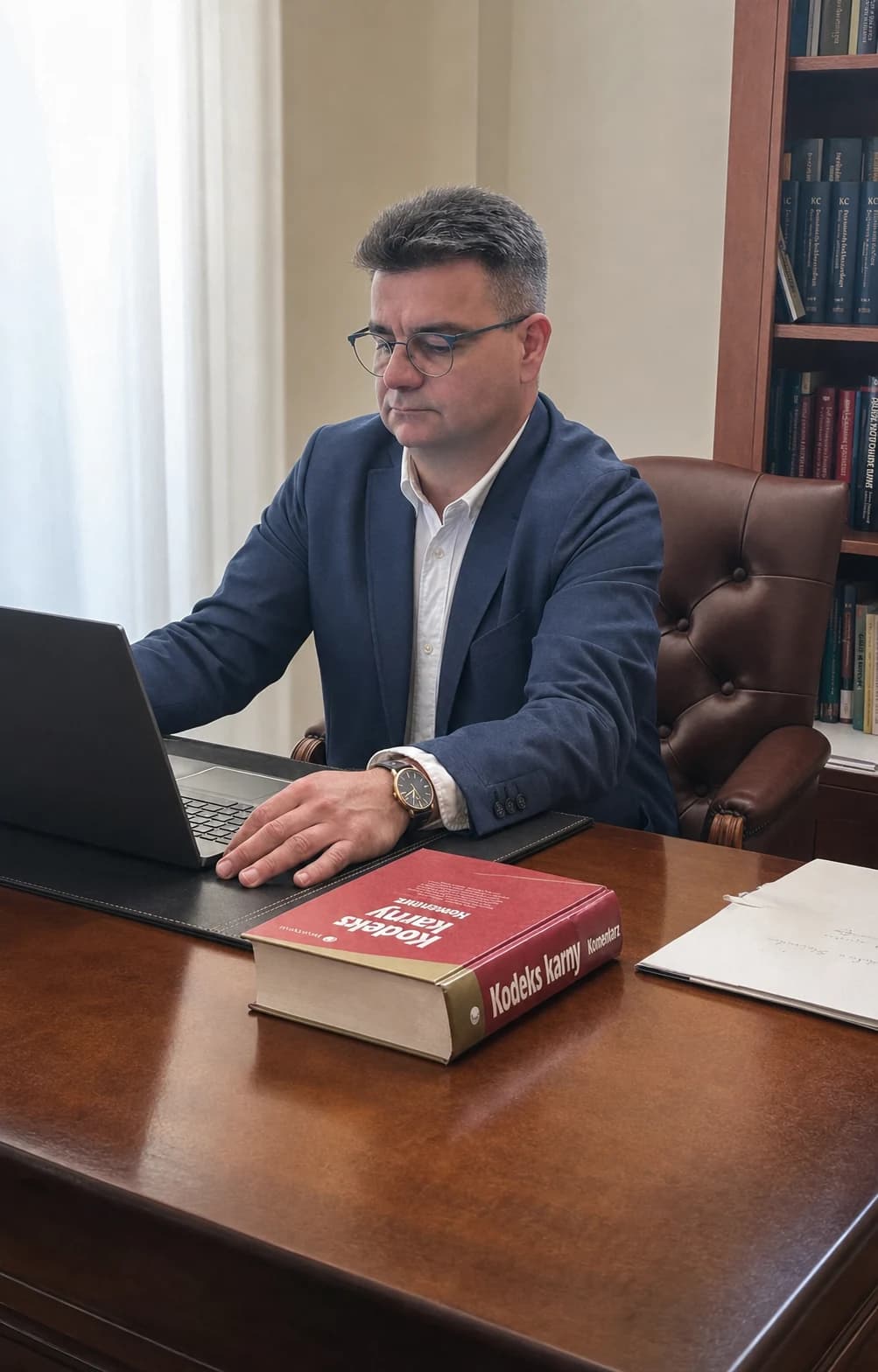 Adwokat Jacek Kozłowski podczas pracy w kancelarii